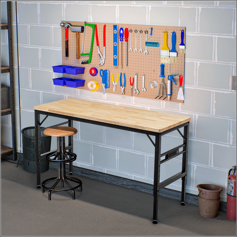 Adjustable Height Workbench, 60" Rubber Wood Top Heavy duty Workstation with Power Outlets, 2000 LBS Load Capacity Hardwood Worktable for Workshop, Garage, Office, Home
