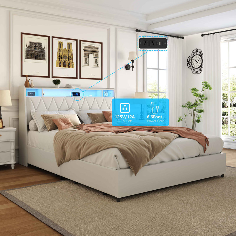 Cadre de lit avec tête de lit plateforme ergonomique, Lit double, Blanc