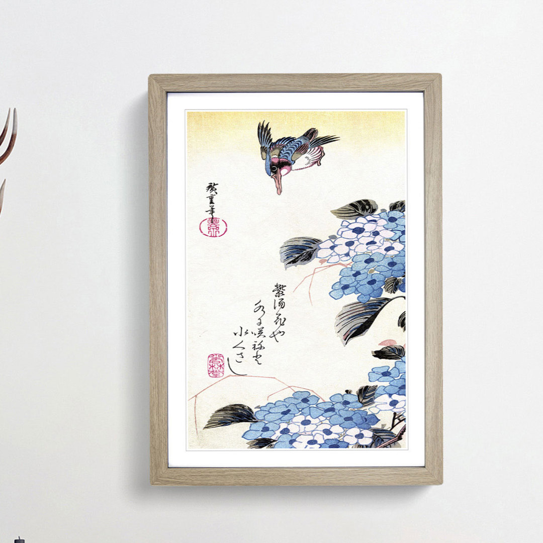 Hydrangea and Kingfisher by Utagawa Hiroshige - Framed Print