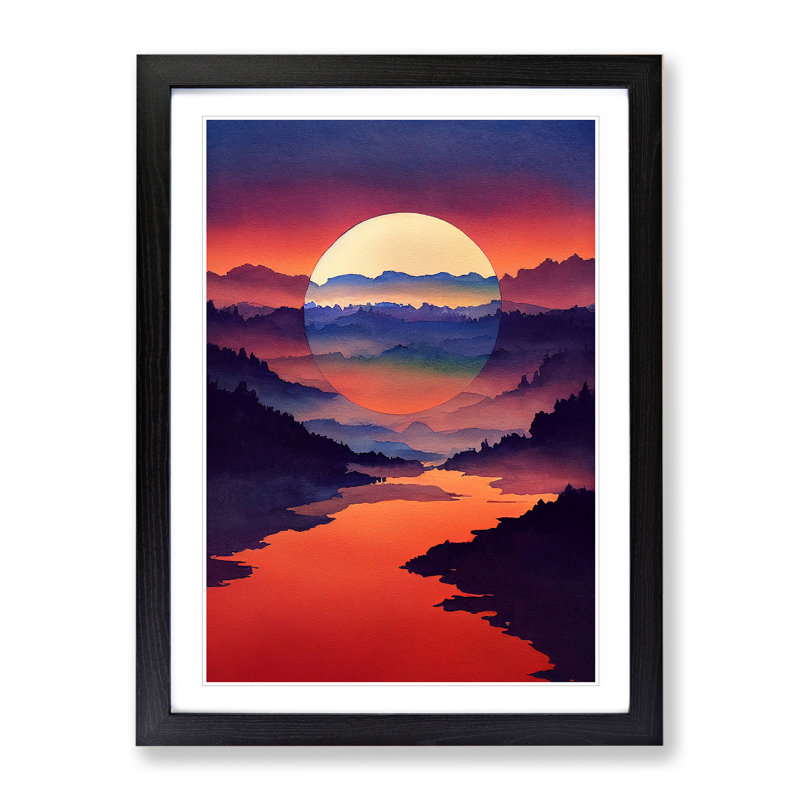 Sunset Lake No.4 - Single Picture Frame Painting, 64cm H x 46cm W x 2cm D, Black