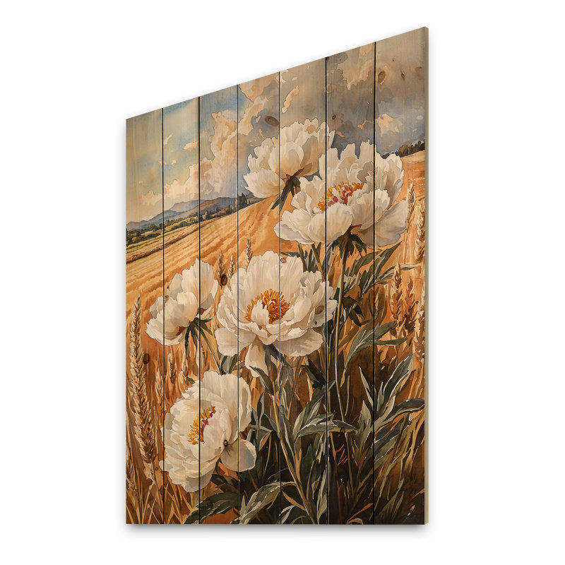 Pivoines par le champ de récolte - décoration murale en bois de pivoines - sur bois de pin naturel
