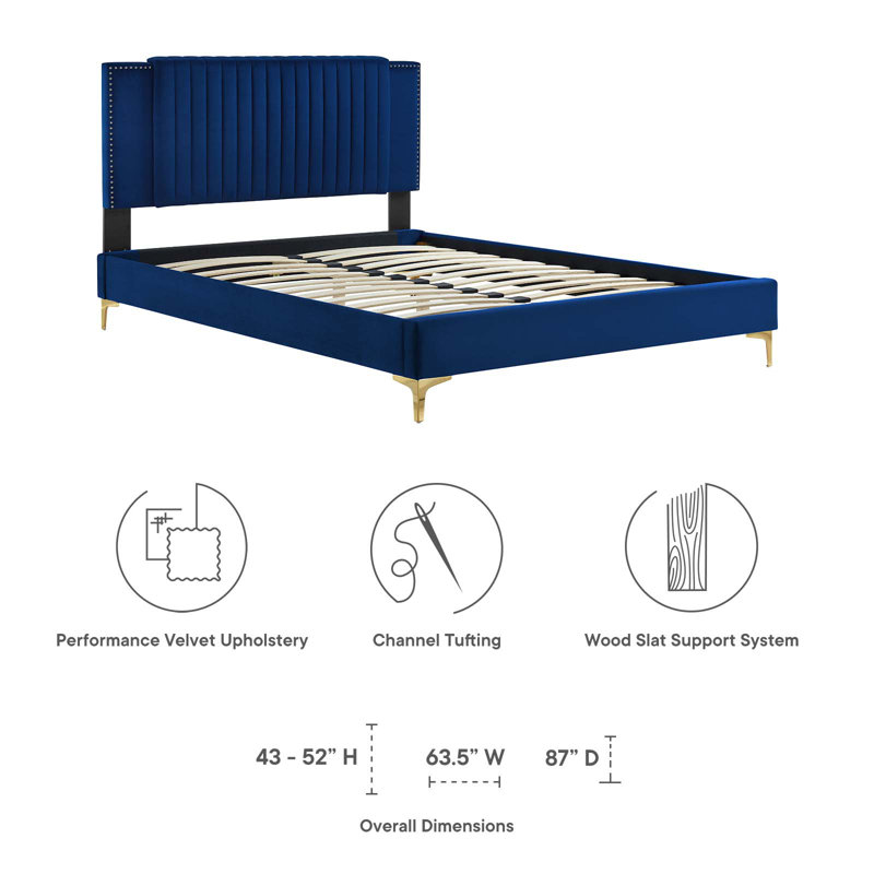 Blue Velvet Tufted Upholstered Full Platform Bed with Gold Legs
