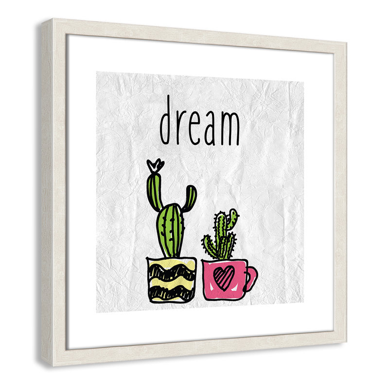 «Cacti A», art encadré, 16" H x 16" W x 1.18" D, Encadré de boîte à grain de bois blanc