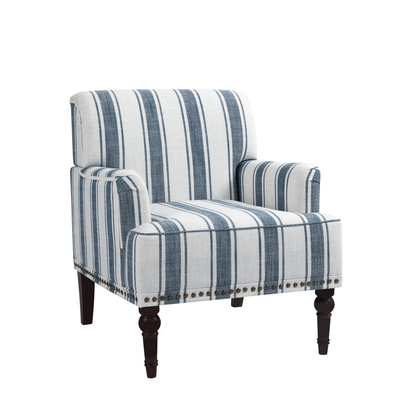 Iliana Upholstered Dark Blue Stripe Cotton Blend Armchair with Solid Wood Legs and Nailhead Trim