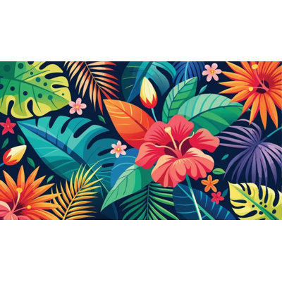 Vibrant Tropical Hibiscus Monstera Jungle Leaves Floral Wall Mural