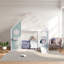 Lits jumeaux cabane, glissade en bois MDF avec lumières de boules, chambre d'enfant bleue moderne-1283288697