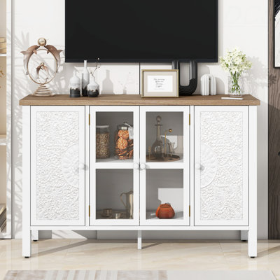 47.2'' Retro TV Stand For Tvs Up To 43 Inches, Entertainment Centre Media Console Cabinet With 3 Spacious Cabinets, Glass Cabinet Doors And Anti-Tip Device For Living Room, TV Stand