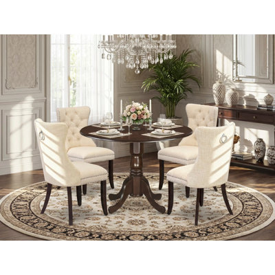 5 Piece Kitchen Table Set Contains a Round Dining Table with Dropleaf and 4 Upholstered Chairs, Mahogany