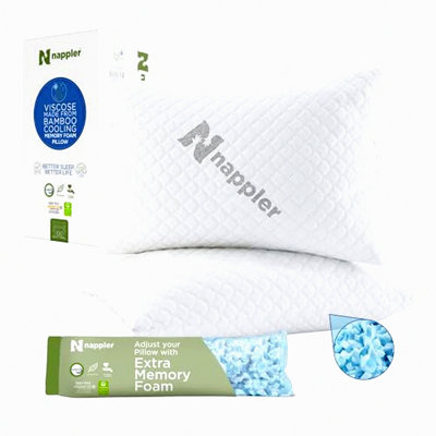 BambooCool Memory Foam Cooling Pillows - Queen Size Set of 2 for Hot Sleepers. Adjustable Shredded Foam for Back, Stomach, Side Sleepers. Medium-Firm Support.