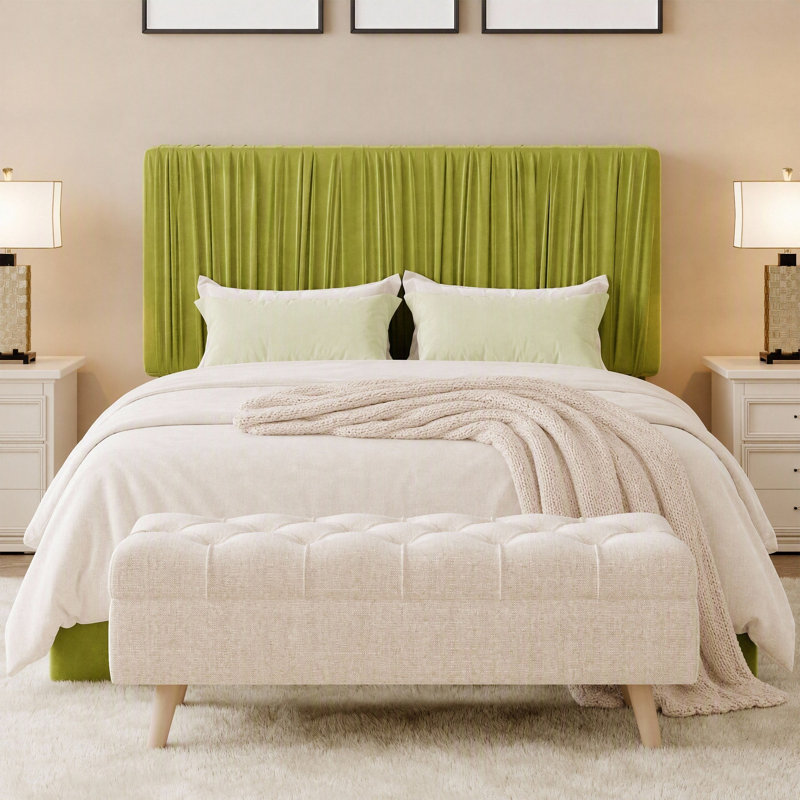 Lit plateforme entièrement rembourré en velours avec tête de lit réglable, aucun sommier nécessaire, Double, Vert olive