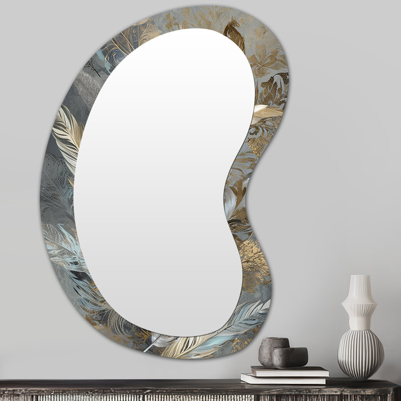 Everliegh Gold Feather Extravaganza V - Glam Feather Asymmetrical Wall Mirror, Modern Unique Shape Decorative Mirror, Printed Metal Art