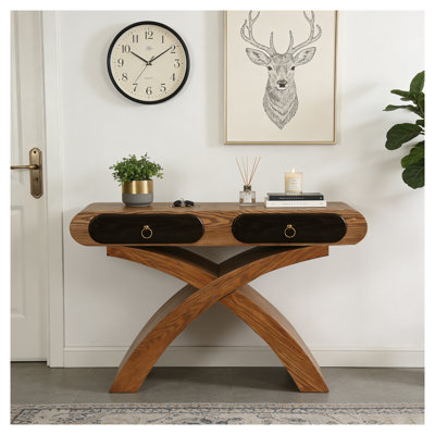 Console en placage de bois de frêne avec pieds croisés et tiroirs Ashwood