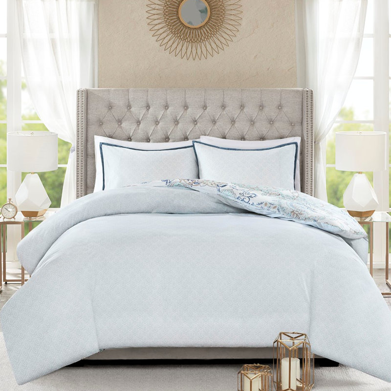 Très grand / très grand lit - Imprimé floral en coton, réversible, médaillon, motif inversé complémentaire, attaches de coin intérieures, housse de couette réversible lavable à la machine