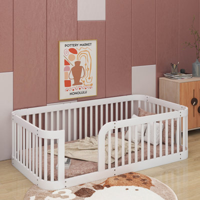 Wood Twin Size Wood Floor Bed Frame With Fence