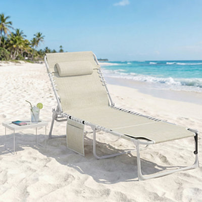 Fauteuil de bronzage avec trou pour le visage, table d'appoint, chaise longue inclinable pliante à 5 positions, fauteuil inclinable d'extérieur, sangles de transport pour camp de plage, filet respirant, beige