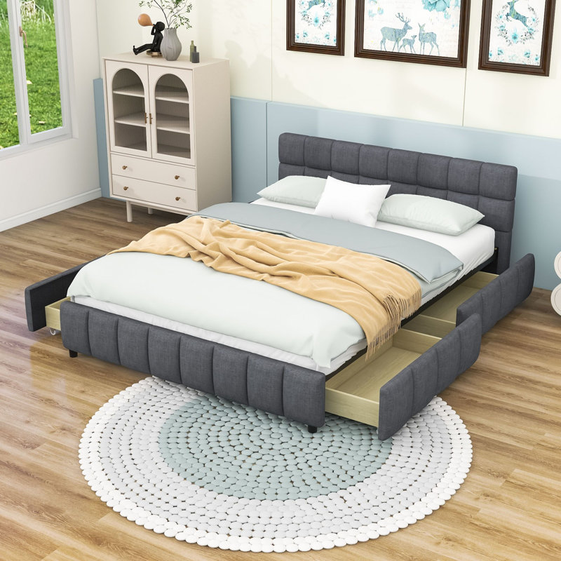 Lit plateforme rembourré Queen avec tiroirs de rangement, Grey