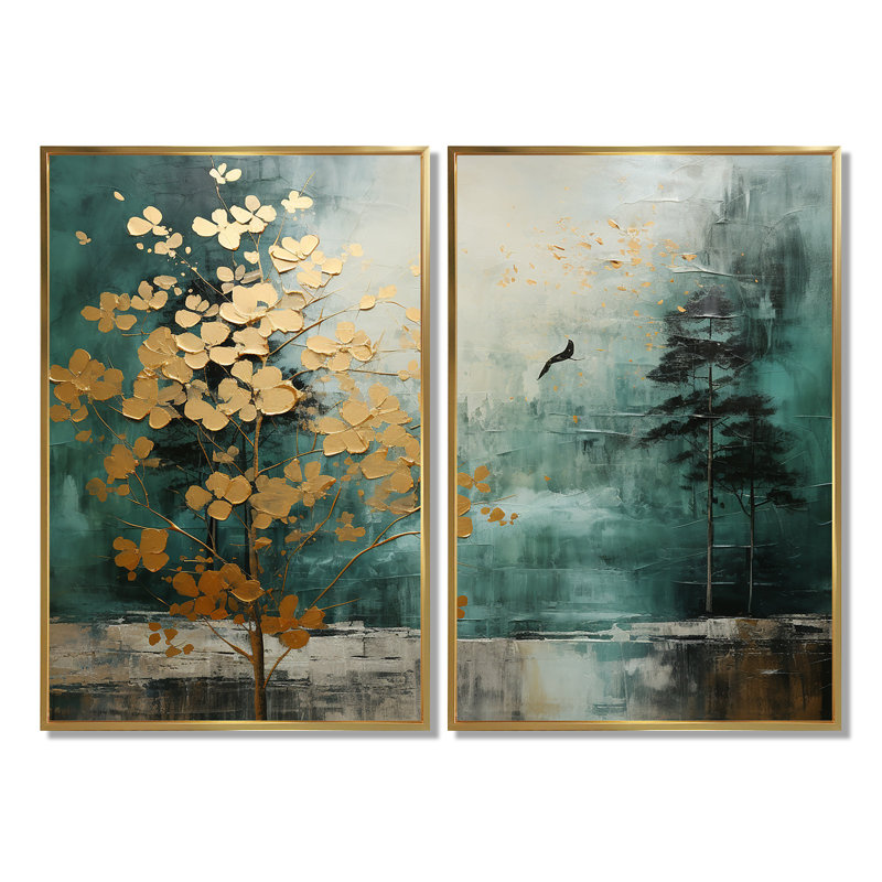 «Golden Emerald Forest», art mural sur toile à spirales abstraites, 36" H x 48" W, Impression encadrée flottante, Gold