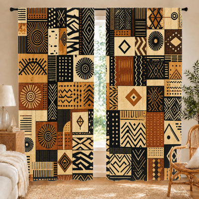 2 pièces de rideaux à motif de boue africain, tissu filtrant la lumière, imprimé géométrique bohémien et rustique, protection de l'intimité du parasol, conception à passe-tringle, convient au salon, à la chambre à coucher, au balcon et à la cu