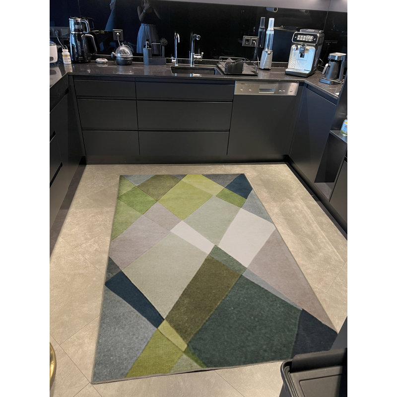Green-Blue Themed Geometric Mixed Shape Patterned Modern Decorative Rug, Rectangle 4'11.06" x 9'10.11"