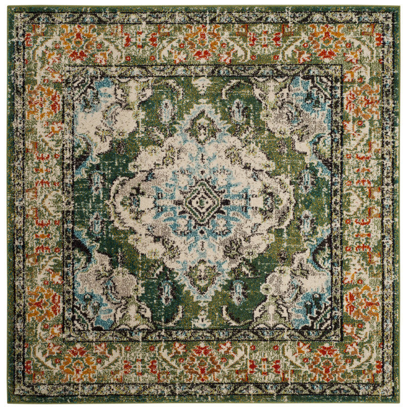 Almyra Oriental Area Rug, Square 5', Forest Green/Light Blue