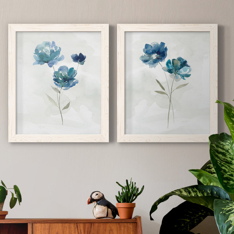 «Blue Botanical I», ensemble de 2 reproductions d'art, H 24 po x l 36 po x P 1,5 po, Toile blanche encadrée, Pas de tapis