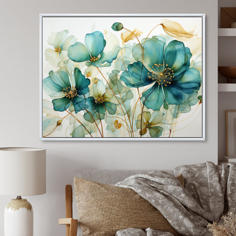 «Teal Green Organic croissance - Abstract Botanicals», art mural, H 34 po x l 44 po x P 1,5 po, Cadre flottant blanc