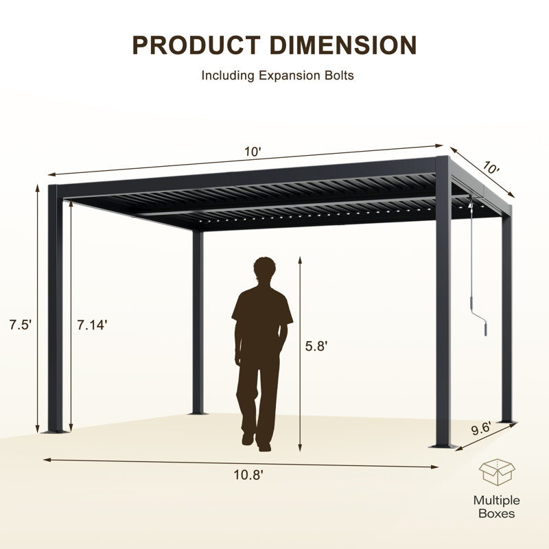 Pergola extérieure l 12 pi x P 10 pi avec structure en aluminium et persiennes réglables à deux zones, L 12 pi x P 10 pi