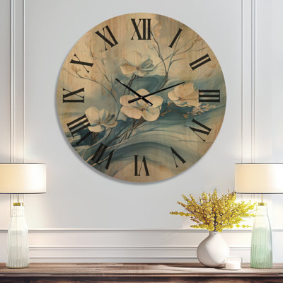 Blue Hour Blossom - Contemporary Large Wall Clock, Printed on Wood