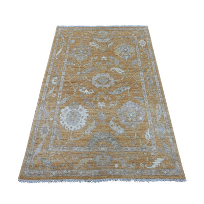 Tapis brun doré noué à la main 3 pi 10 po x 5 pi 9 po 3 po x 10 pi x 9 pi 9 po en laine angus angus afghane avec motif de feuilles, teinture végétale