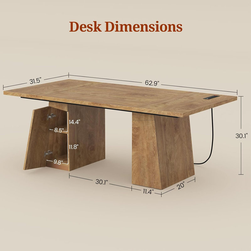 Executive Desk, Modern Home Office Desk With Power Outlets And Storage Cabinet, Conference Table, Oak