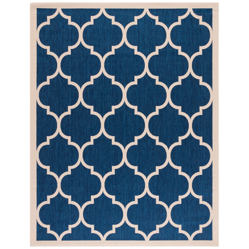 Courtyard Performance Geometric Indoor/Outdoor Area Rug, Rectangle 9' x 12', Beige/Navy