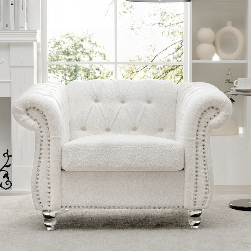 1 Seater Sofa For Living Room, 28.35" H x 38.98" L x 32.09" D, White Teddy Velvet