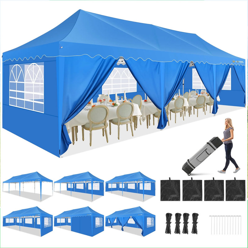 Auvent 10 x 30 pi avec 8 parois latérales, tente de fête portable imperméable, noir, Bleu