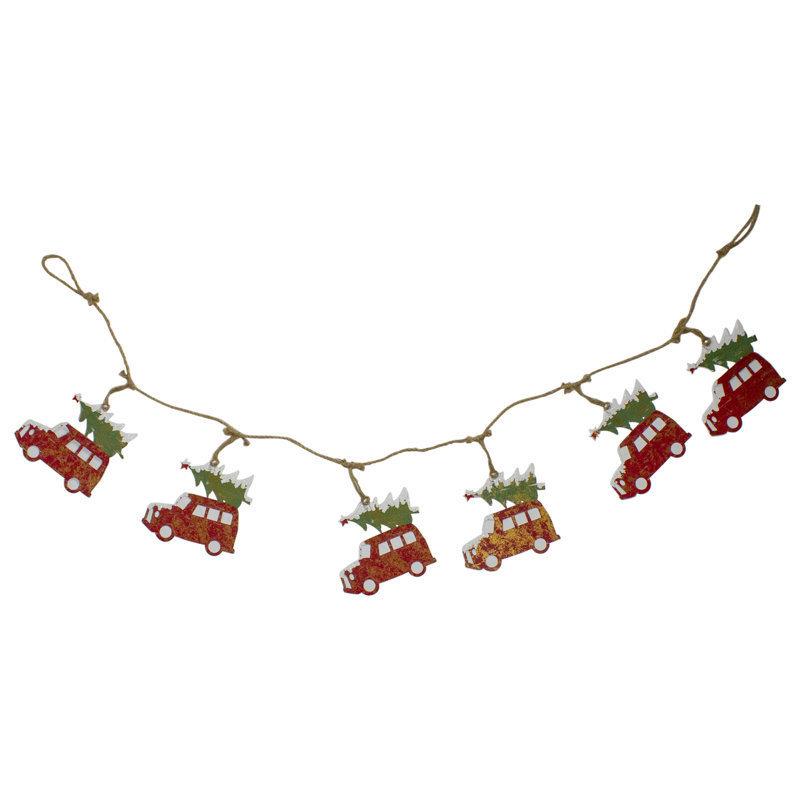 Red Vintage Truck with Tree Christmas Garland on Jute Rope