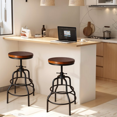 Vintage Industrial Bar Stool-Rustic Swivel Bar Stool-Round Wood Metal Stool-Counter/Bar Height Adjustable Pipe Stool-Cast Steel Stool 23.62"-29.52" (S