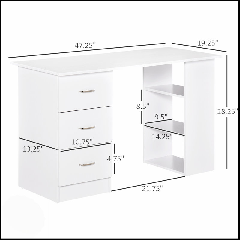 Bureau d'ordinateur moderne avec bibliothèque et rangement à 3 tiroirs, parfait pour les petits espaces et l'utilisation multifonctionnelle.