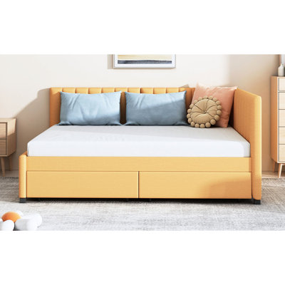 Yellow Upholstered Daybed With 2 Compartments, No Box Spring, Stable Base Full Sized Bed Linen, Storage Drawers, Spring Frame