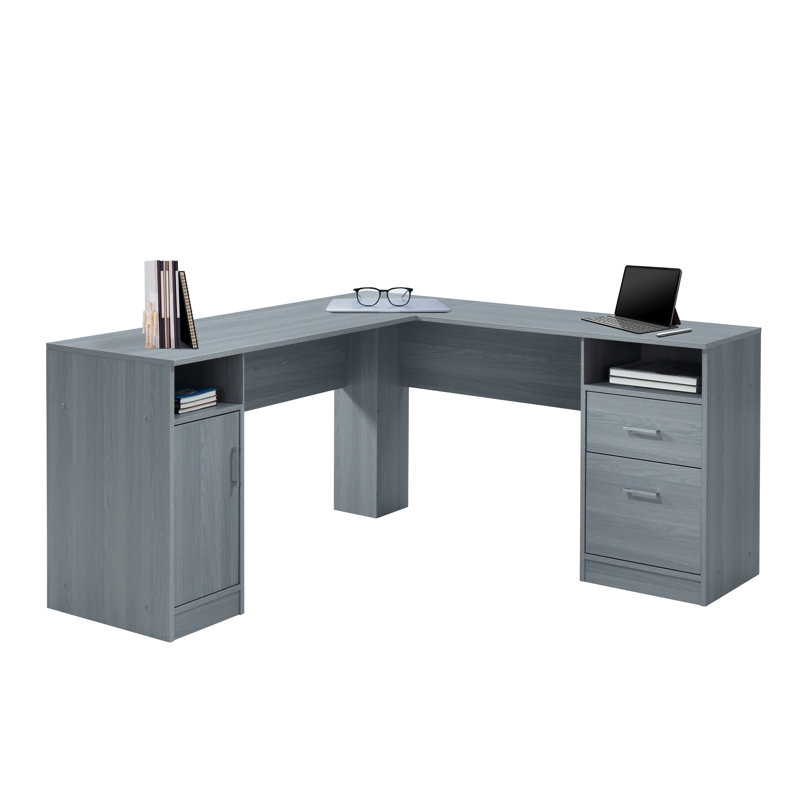 Bureau fonctionnel en L avec rangement, gris