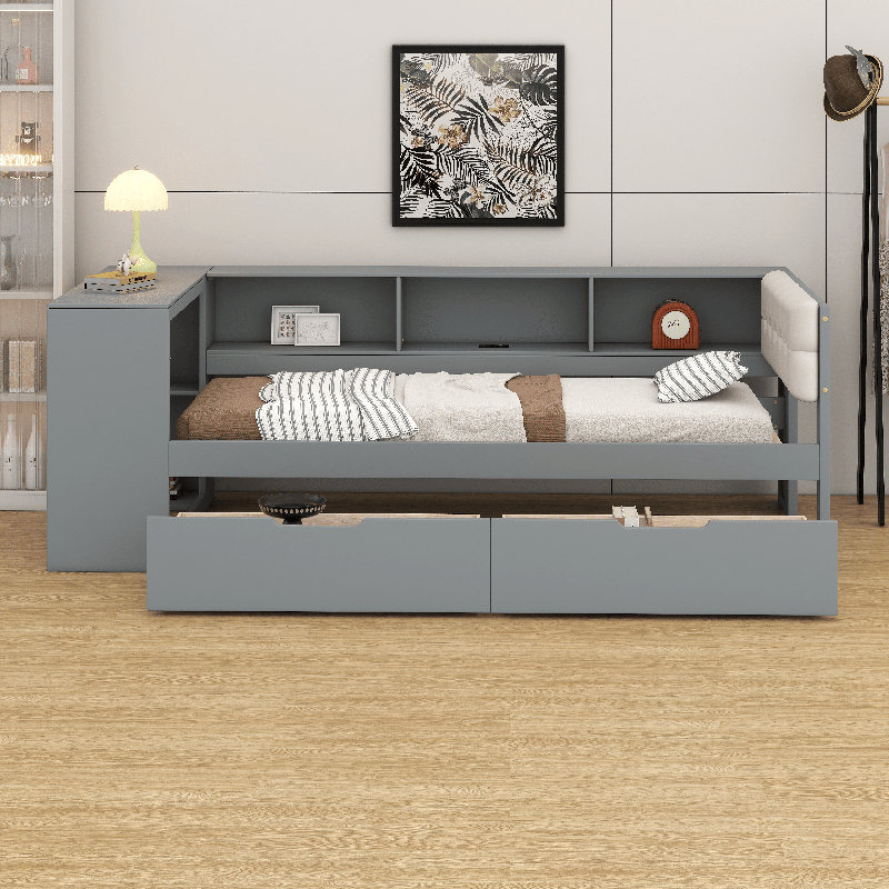 Lit plateforme simple en bois avec tête de lit tapissier, tablettes, tiroirs et station de charge, Lit simple, Gris