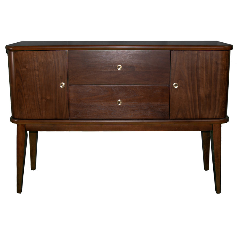 Desserte Mid-Century moderne: 2 tiroirs, armoires, service de décoration en cerisier avec tiroirs et armoires au design élégant
