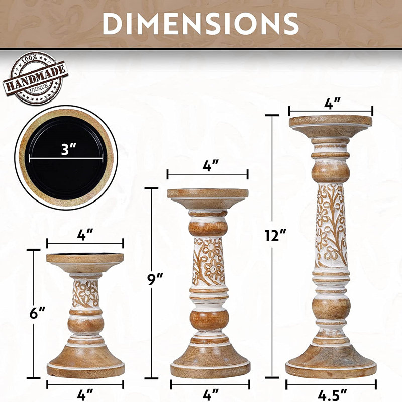 Porte-bougie pilier / applique murale - Bougeoirs en bois de manguier sculptés à la main blanc rustique - ensemble (6 po, 9 po, 12 po)