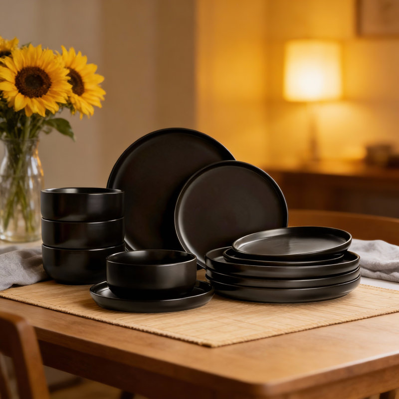 Service de table en céramique 12 pièces pour 4 personnes | Assiettes et bols résistants aux égratignures | Va au lave-vaisselle et au micro-ondes noir moderne