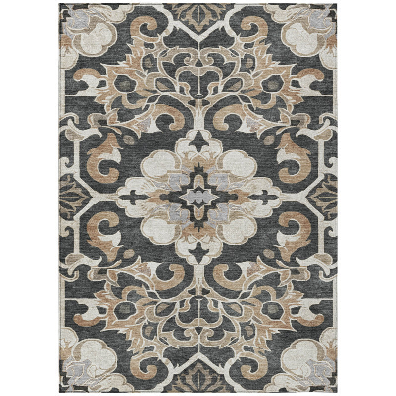 Machine Washable Indoor/Outdoor Xhevrie Charcoal Rug, Rectangle 3' x 5'