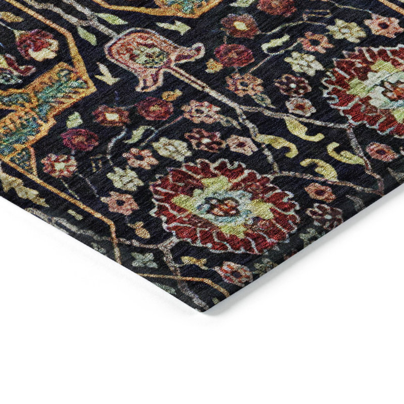 Black and Multicolor Synthetic Flat Woven Washable Rug