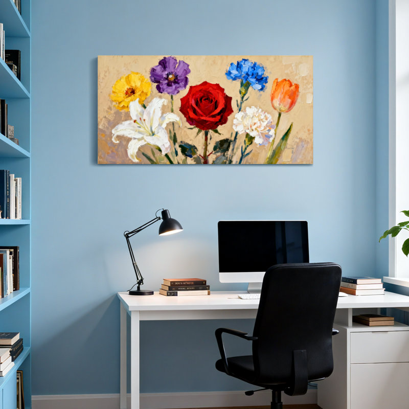 Plantes et fleurs, fleurs colorées sur toile, H 24 po x l 48 po