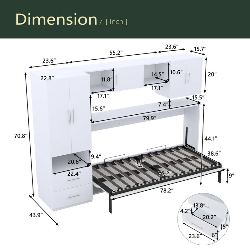 Lit escamotable avec tablettes ouvertes et tiroirs de rangement