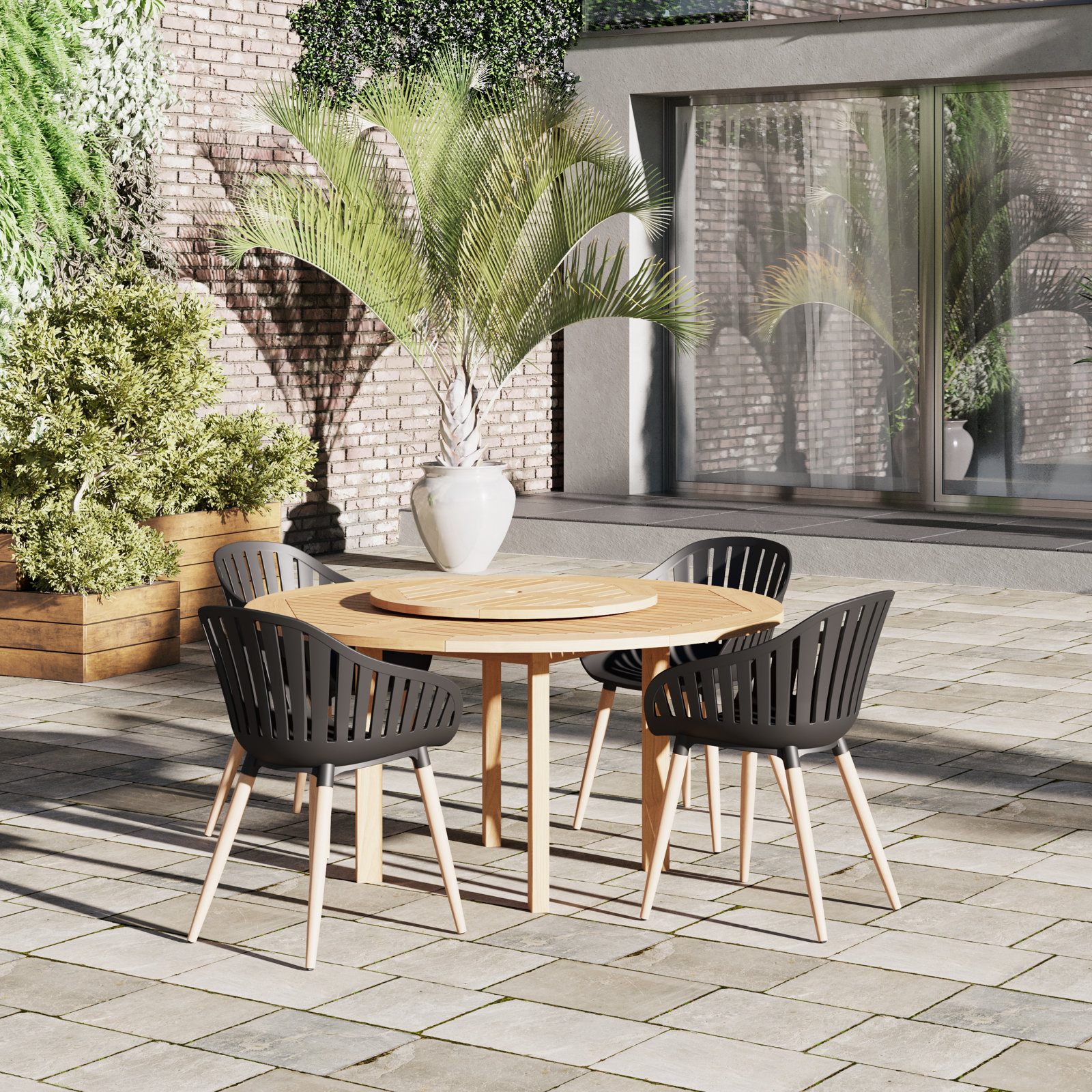 Anautica 59" Eucalyptus Patio Dining Set, Black/Beige