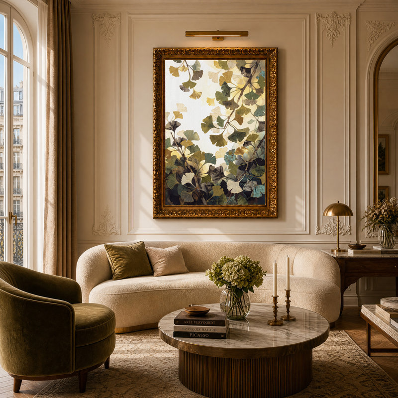 «Ginkgo Leaves», aquarelle, tons de terre, art mural sur toile, H 24 po x l 16 po