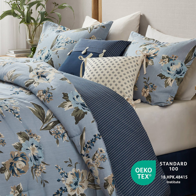 Salara Blue Reversible Vintage Floral 7-Piece King Comforter Set, King Comforter + 6 Additional Pieces, Blue