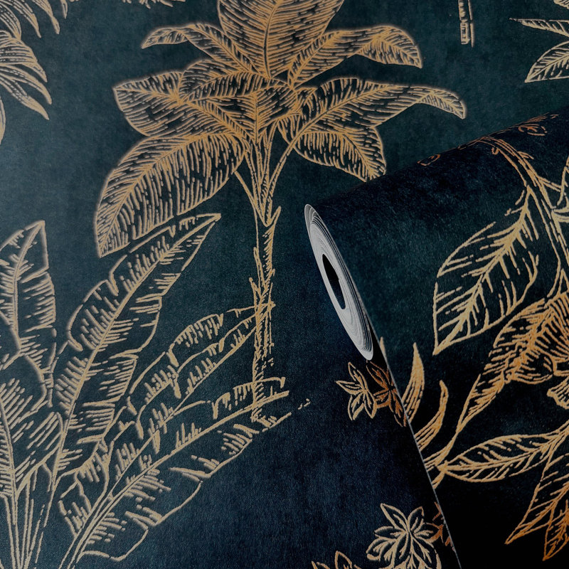 Zen Floral Paper Metallic Wallpaper Roll, Gold/Blue